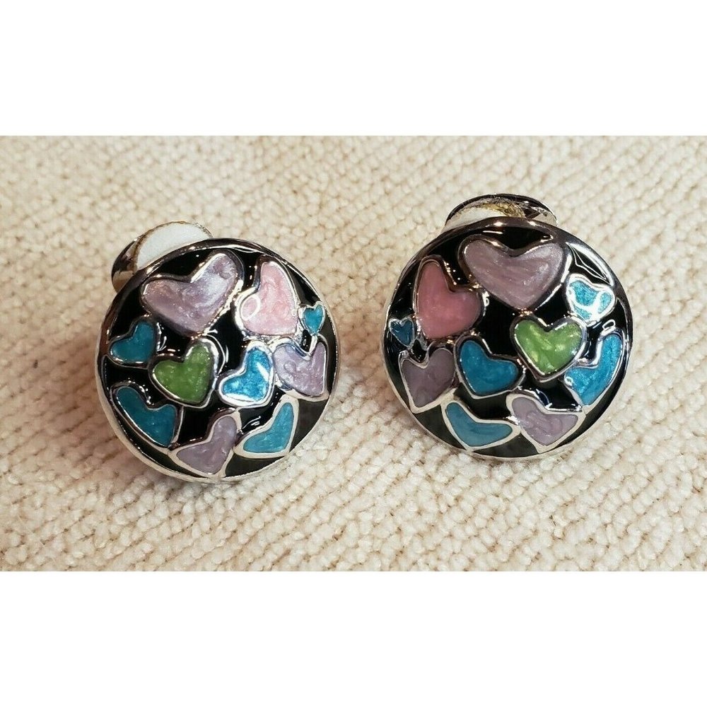 Bob Mackie Signed Vintage clip on earrings, gold tone & enamel hearts clip ons